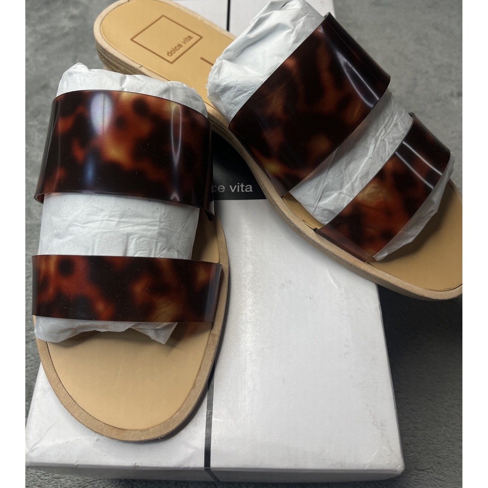 Dolce Vita Noles Tortoise Shell Double Strap Slide Flat Sandals Brown Womens 7.5